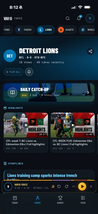 Vavio Sports app screen showing a team feed